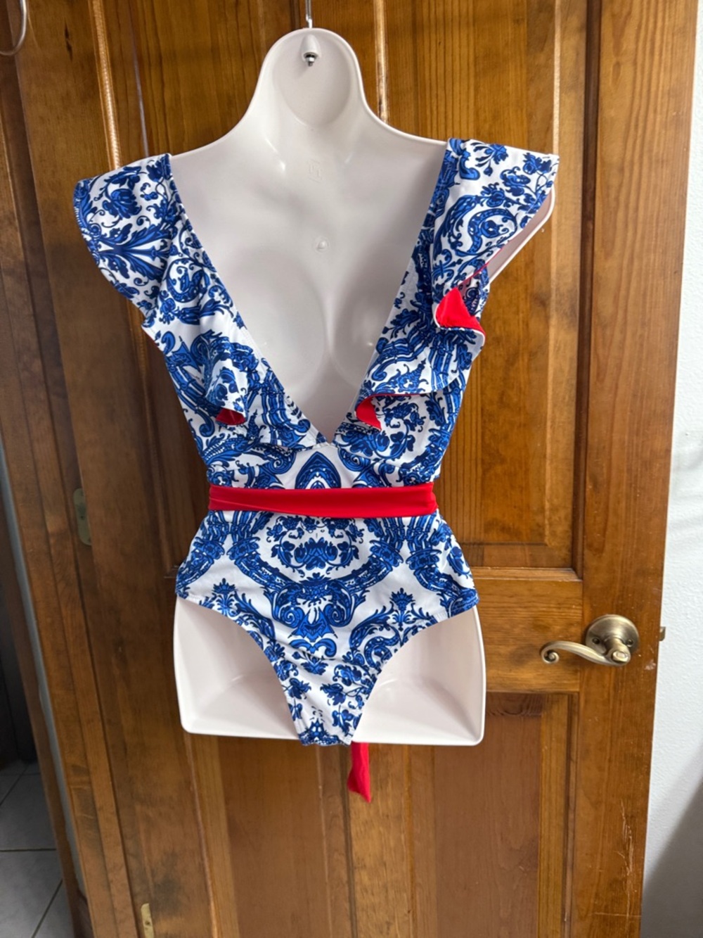 Blue & Red Ruffle One-Piece Swimsuit - Picture 5 of 6
